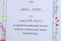 Dyplom laureatki gminnego konkursu o życiu i twórczości Marii Konopnickiej.
