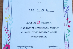 Dyplom laureatki gminnego konkursu o życiu i twórczości Marii Konopnickiej.